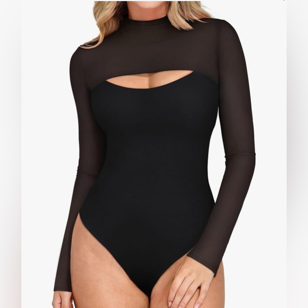ReoRia Black Cutout Sheer Sleeve Bodysuit